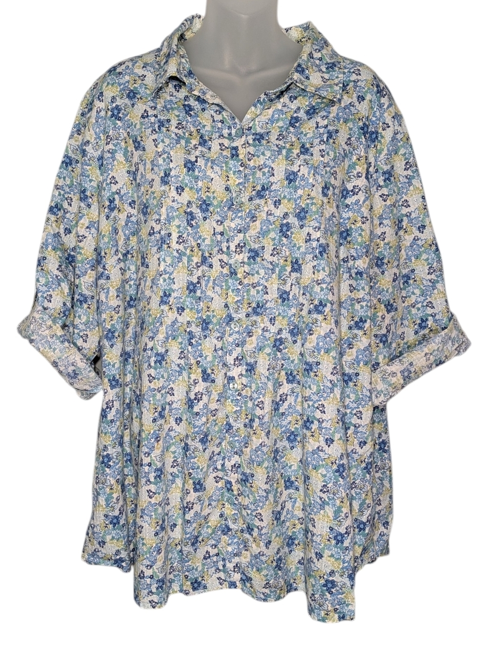 2X 100% Cotton Blue Green Floral Pleated Bust Button Down Roll Tab Sleeve Blouse